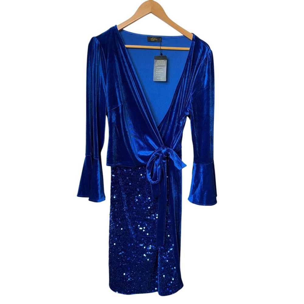Dressy Star Royal Blue Velvet Contrast Sequin Wrap Dress Elegant Glam XXL NWT - Picture 2 of 8